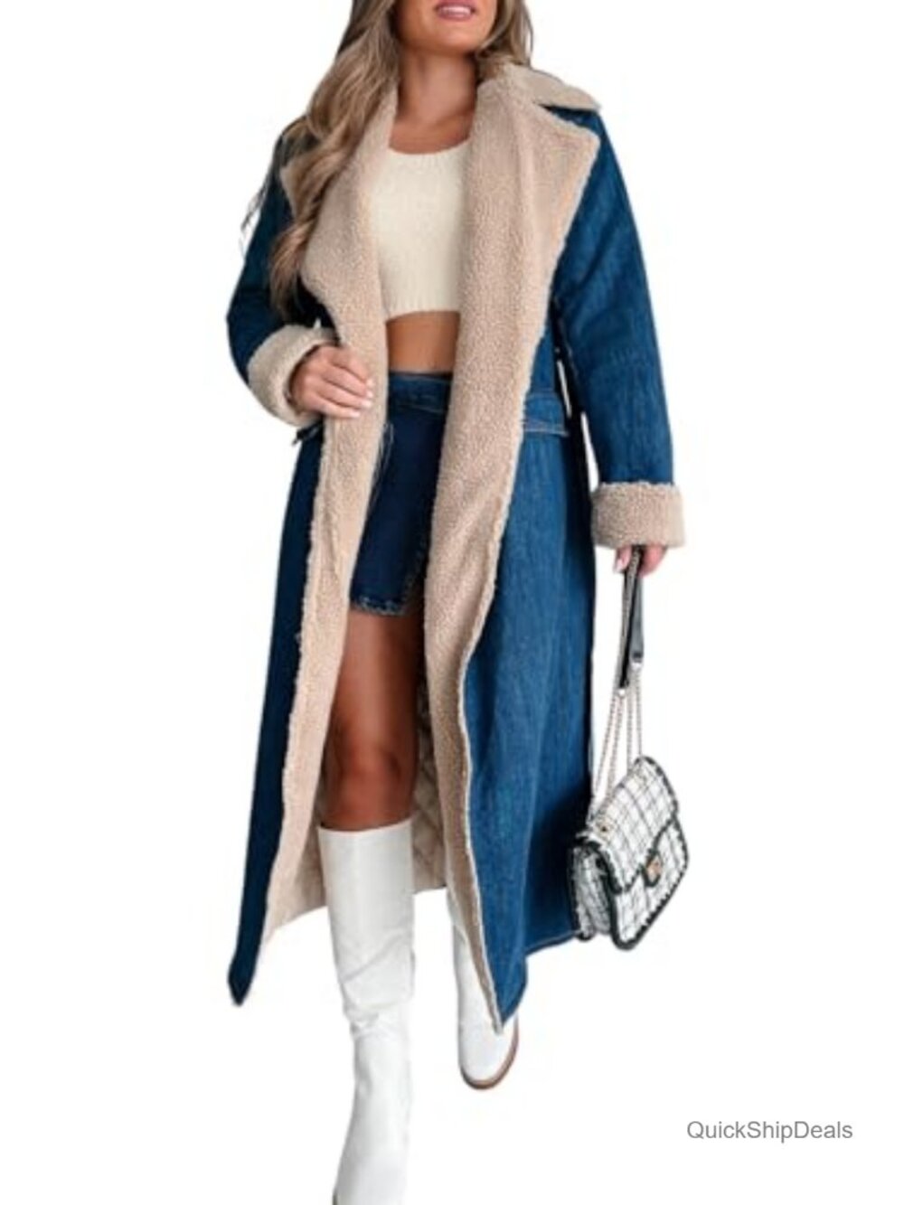 Sherpa Fleece Lined Denim Trench Coat Long Winter Windproof